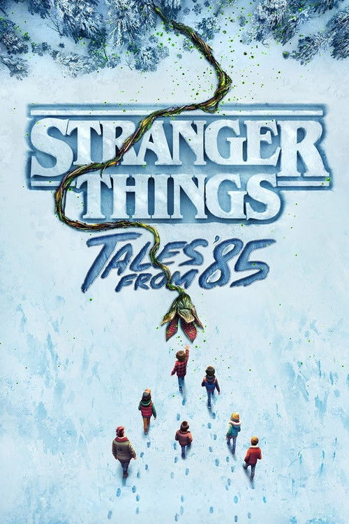 An overhead view of the Hawkins kids walking through a snowy field toward a Demogorgon-style plant under the Stranger Things Tales From 85 logo.