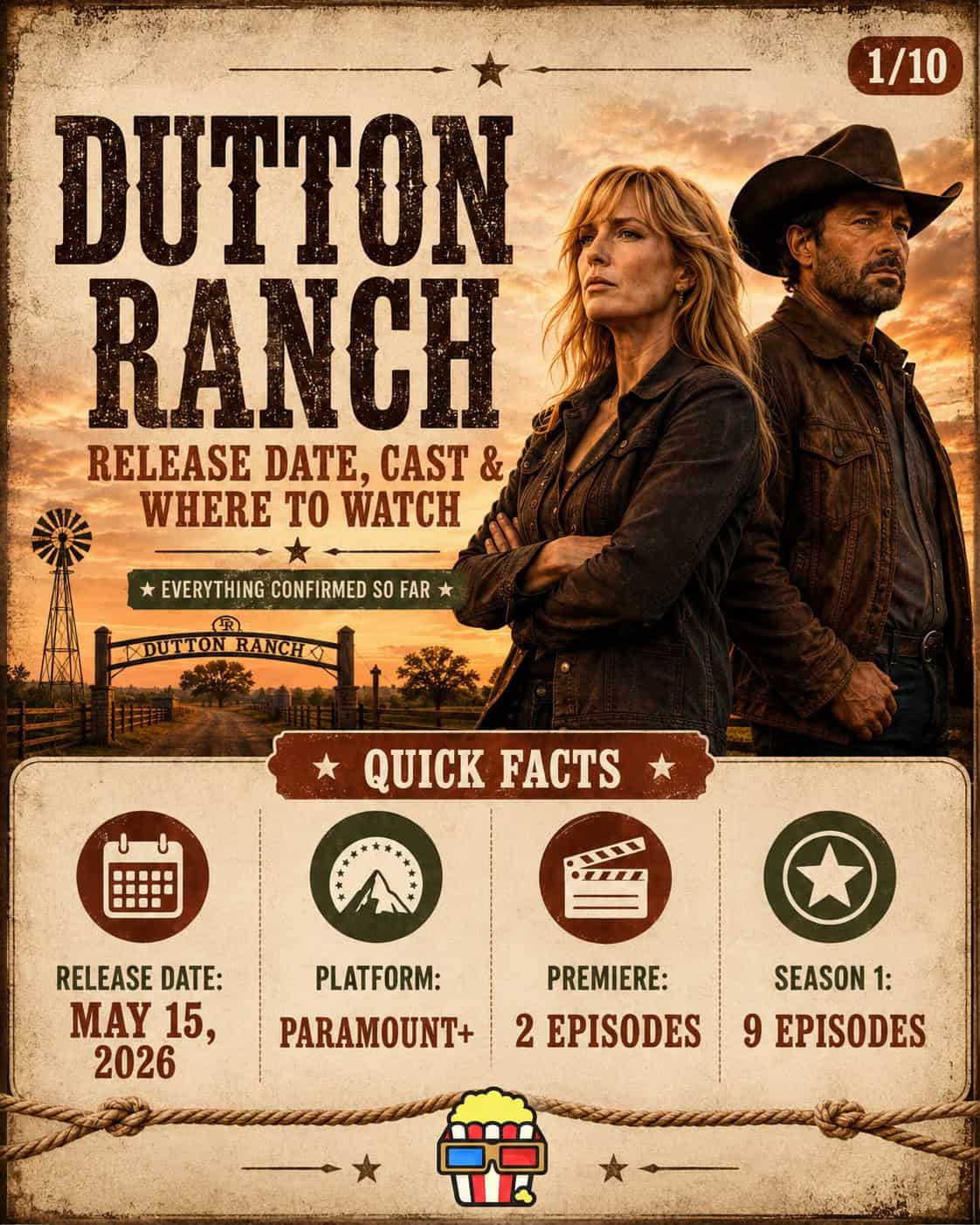 Infographic for Dutton Ranch showing Beth and Rip with quick facts including the May 15, 2026 release date, Paramount+ platform, two-episode premiere, and nine-episode first season.