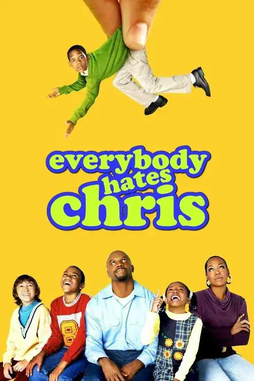 Julius, Rochelle, and their children sitting together, smiling, against a bright yellow background, with the show title "Everybody Hates Chris."