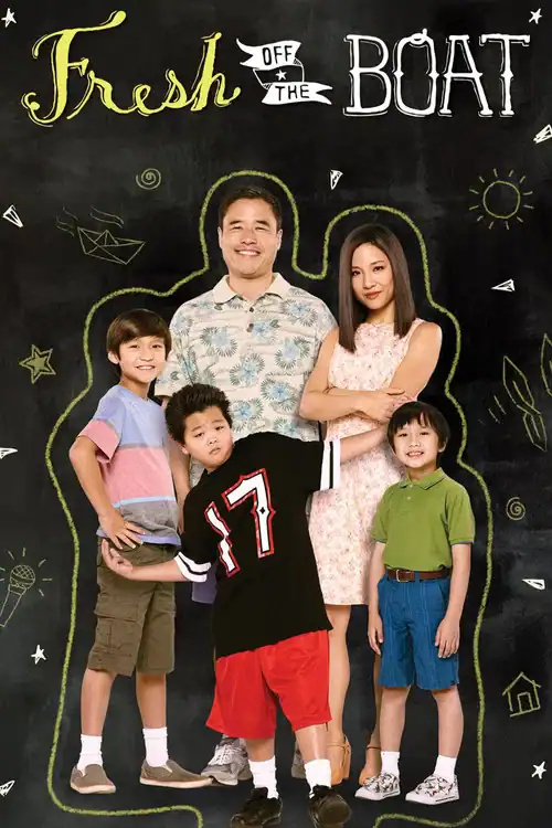 Promotional poster for ABC’s Fresh Off the Boat, set against a dark chalkboard background covered in white chalk drawings of paper boats, stars, and microphones. The Huang family (Eddie, Louis, Jessica, Emery, and Evan) stand together smiling. Louis wears a tropical shirt, and Eddie stands front-and-center wearing a black jersey with "17" in white. A bright yellow glowing outline surrounds the entire family. The title "Fresh Off the Boat" is rendered in stylized script and chalk block letters at the top.