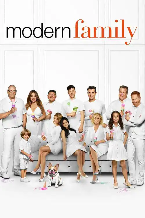 Official promotional poster for ABC’s Modern Family. The eleven main cast members (Jay, Gloria, Manny, Luke, Phil, Cam, Mitchell, Joe, Haley, Alex, and Claire) pose on and around a white couch. Everyone is wearing all-white clothing, and almost every character is holding a small ice cream cone, emphasizing the show’s light, chaotic energy. A small dog sits near the couch.