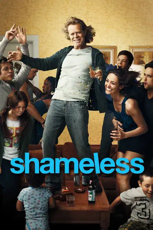 Frank Gallagher and the Gallagher family partying wildly on a couch, with drinks spilling and a chaotic atmosphere, as seen in the "Shameless" TV show poster.