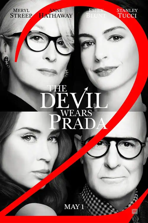 A black and white grid of the original cast of The Devil Wears Prada 2 including Andy Sachs and Miranda Priestly behind a large red number two.