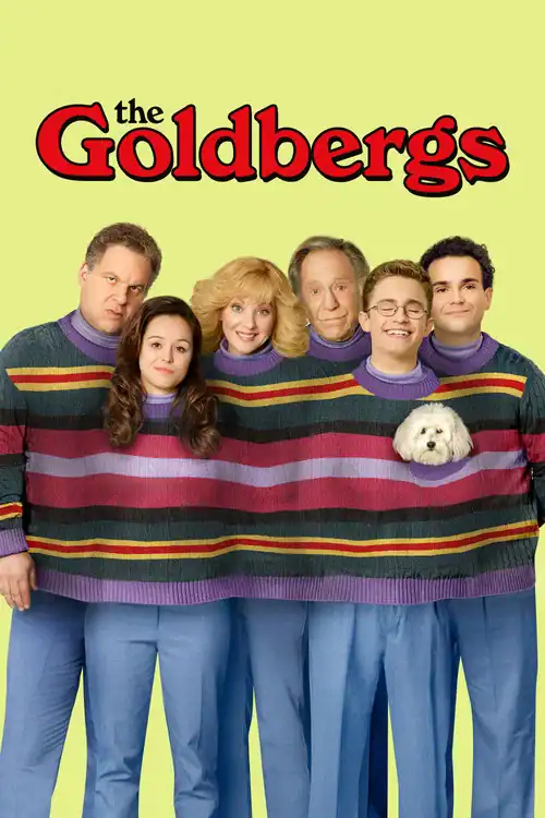 The entire Goldberg family squeezed together into a single, massive, multi-colored knit sweater on a bright green background.