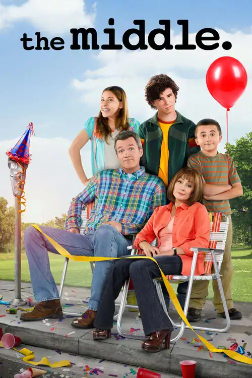 Frankie and Mike Heck sitting on lawn chairs in front of their kids, surrounded by messy party debris, as seen on "The Middle" TV show poster.