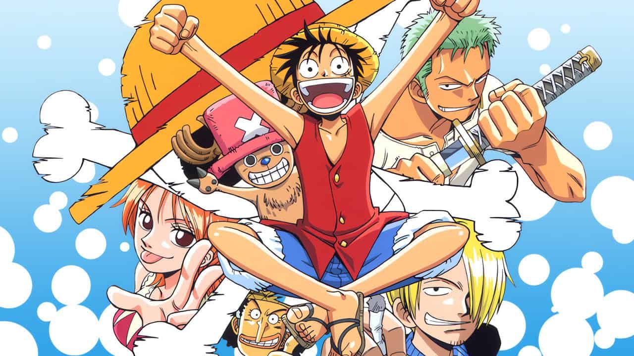 Monkey D. Luffy celebrates with the early Straw Hat Pirates, including Zoro, Nami, Sanji, Usopp, and Chopper, in colorful One Piece anime artwork.